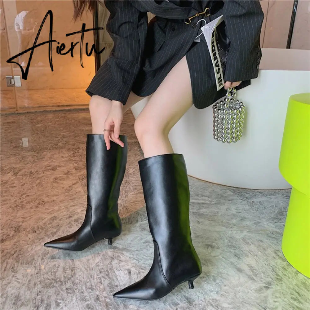 Aiertu Fashion Women Chelsea Booties Pointed Toe Black/White/Orange Winter Ladies Knee High Boots Woman Thin Low Heels Martin Booties Aiertu