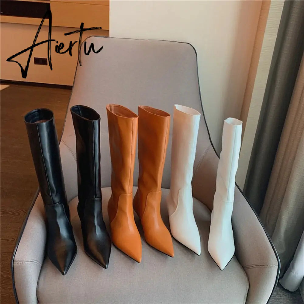 Aiertu Fashion Women Chelsea Booties Pointed Toe Black/White/Orange Winter Ladies Knee High Boots Woman Thin Low Heels Martin Booties Aiertu