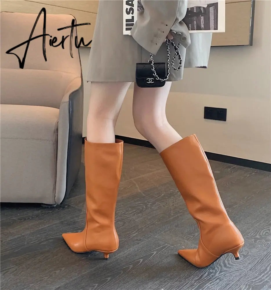 Aiertu Fashion Women Chelsea Booties Pointed Toe Black/White/Orange Winter Ladies Knee High Boots Woman Thin Low Heels Martin Booties Aiertu