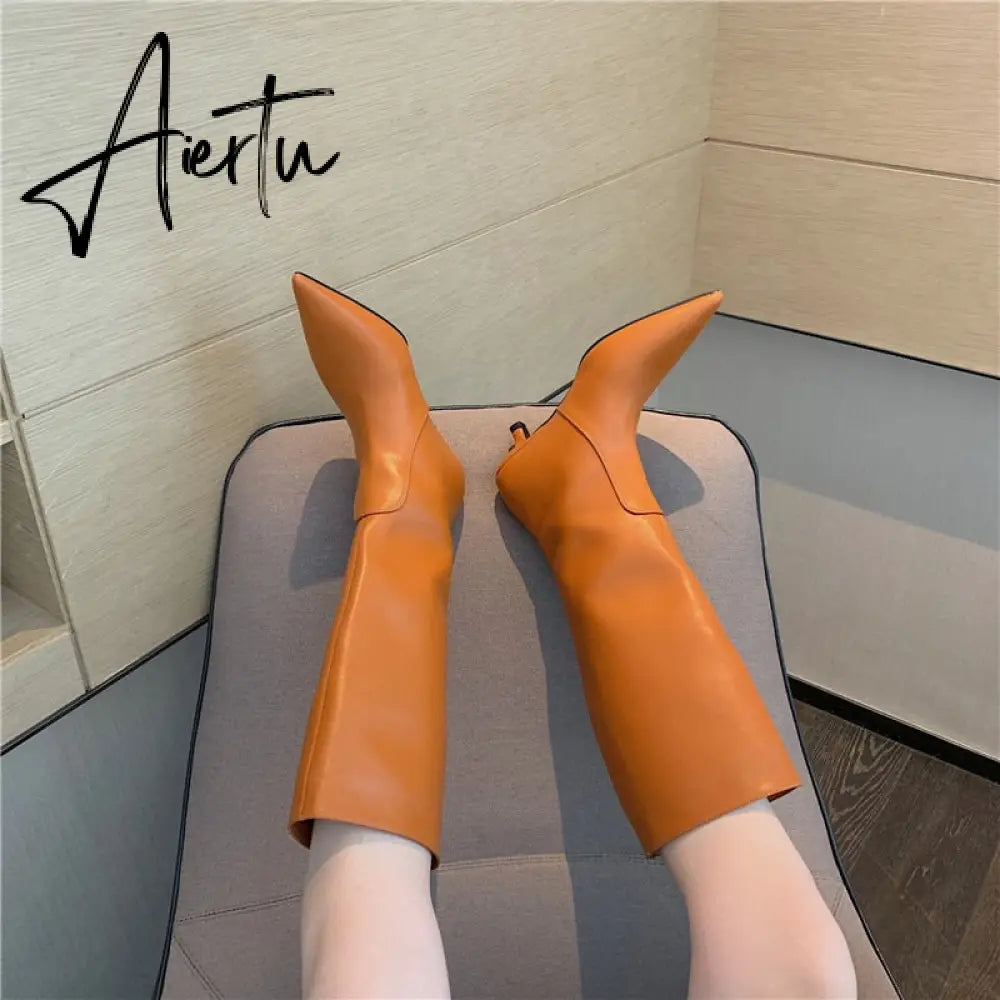 Aiertu Fashion Women Chelsea Booties Pointed Toe Black/White/Orange Winter Ladies Knee High Boots Woman Thin Low Heels Martin Booties Aiertu