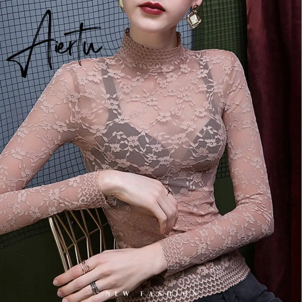 Aiertu Fashion Women Lace Blouse Shirt Women Sexy See-through Long Sleeve Mesh Blouses Blusas Spring Summer Elastic Skinny Tops Aiertu