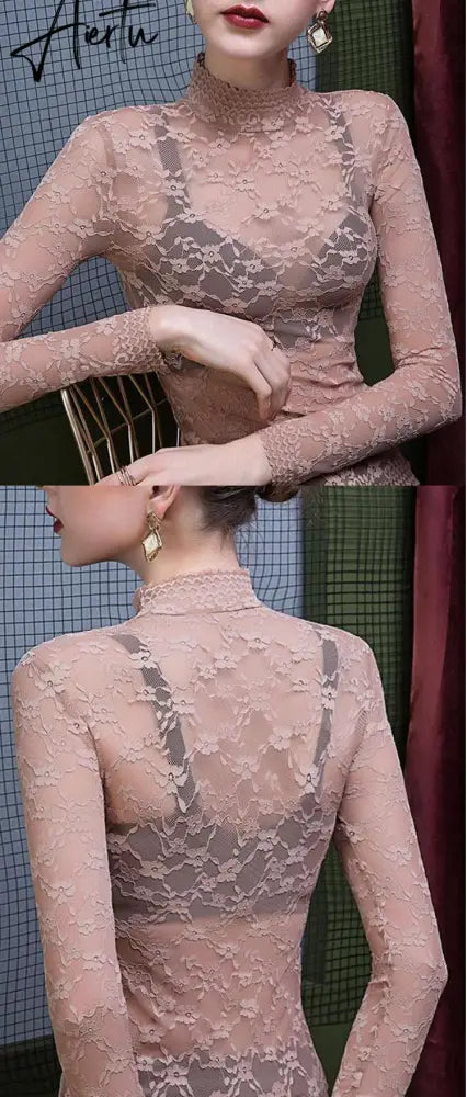 Aiertu Fashion Women Lace Blouse Shirt Women Sexy See-through Long Sleeve Mesh Blouses Blusas Spring Summer Elastic Skinny Tops Aiertu