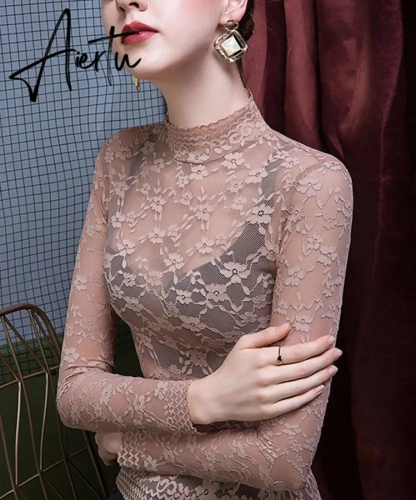 Aiertu Fashion Women Lace Blouse Shirt Women Sexy See-through Long Sleeve Mesh Blouses Blusas Spring Summer Elastic Skinny Tops Aiertu