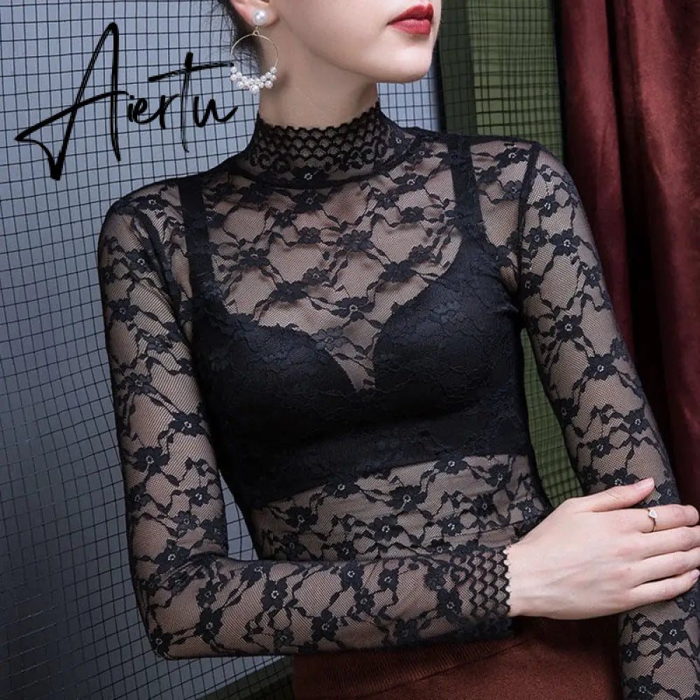 Aiertu Fashion Women Lace Blouse Shirt Women Sexy See-through Long Sleeve Mesh Blouses Blusas Spring Summer Elastic Skinny Tops Aiertu
