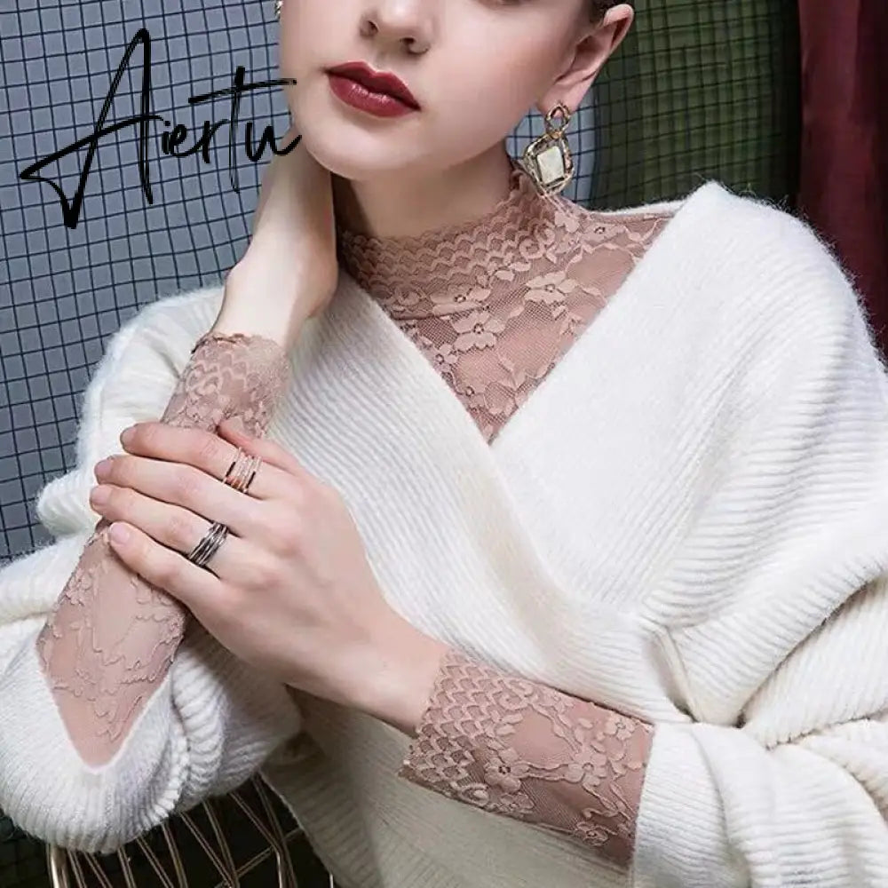 Aiertu Fashion Women Lace Blouse Shirt Women Sexy See-through Long Sleeve Mesh Blouses Blusas Spring Summer Elastic Skinny Tops Aiertu