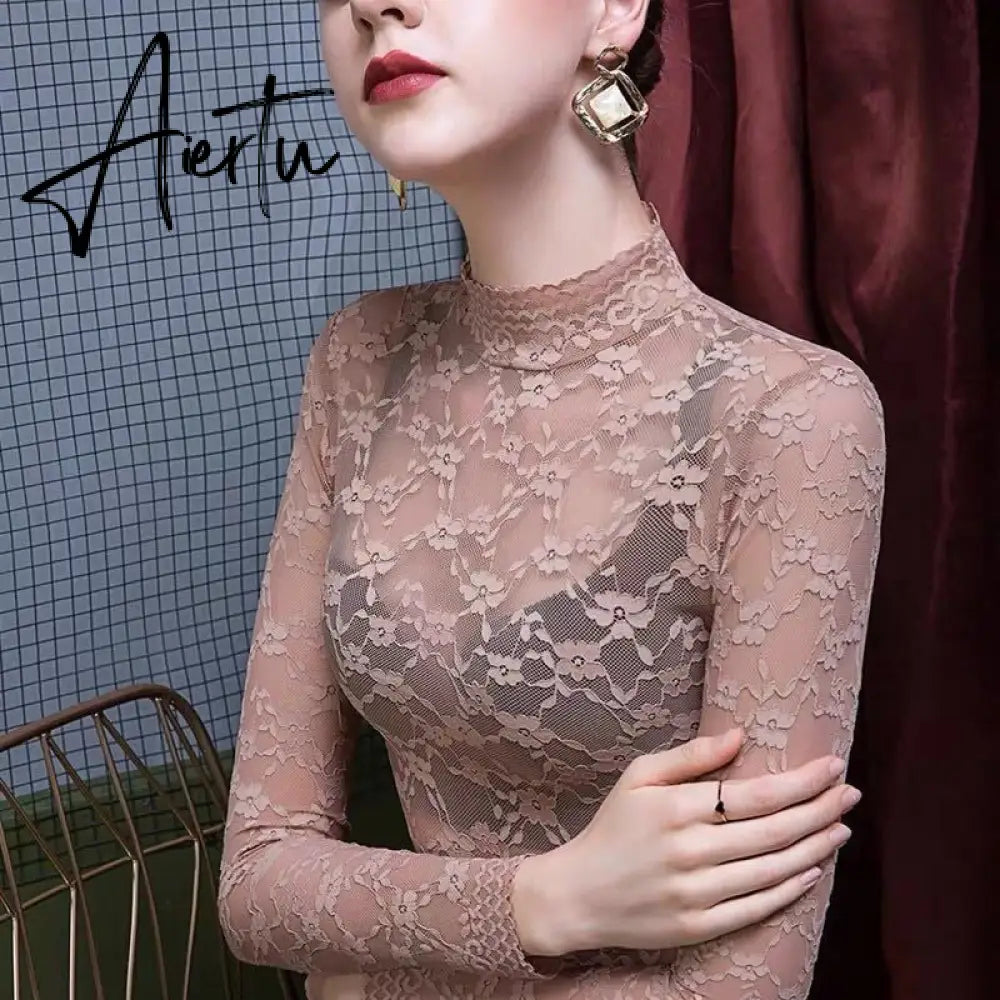 Aiertu Fashion Women Lace Blouse Shirt Women Sexy See-through Long Sleeve Mesh Blouses Blusas Spring Summer Elastic Skinny Tops Aiertu