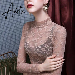 Aiertu Fashion Women Lace Blouse Shirt Women Sexy See-through Long Sleeve Mesh Blouses Blusas Spring Summer Elastic Skinny Tops Aiertu