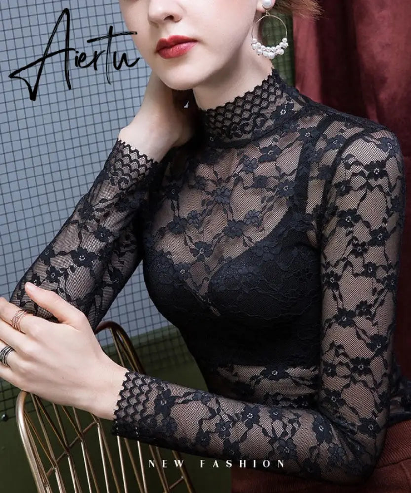 Aiertu Fashion Women Lace Blouse Shirt Women Sexy See-through Long Sleeve Mesh Blouses Blusas Spring Summer Elastic Skinny Tops Aiertu