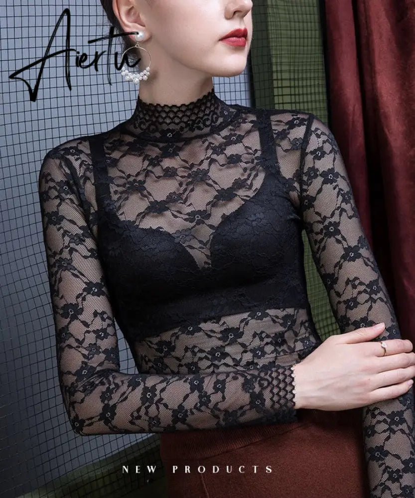 Aiertu Fashion Women Lace Blouse Shirt Women Sexy See-through Long Sleeve Mesh Blouses Blusas Spring Summer Elastic Skinny Tops Aiertu