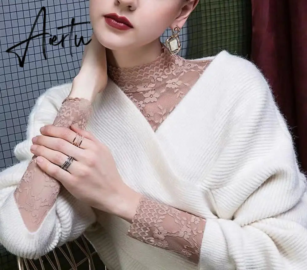Aiertu Fashion Women Lace Blouse Shirt Women Sexy See-through Long Sleeve Mesh Blouses Blusas Spring Summer Elastic Skinny Tops Aiertu