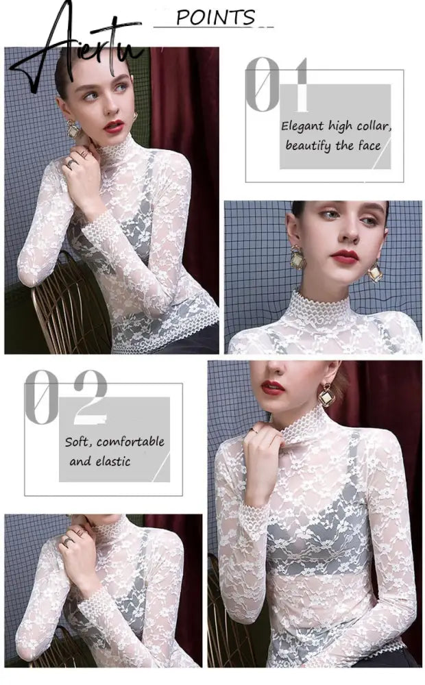 Aiertu Fashion Women Lace Blouse Shirt Women Sexy See-through Long Sleeve Mesh Blouses Blusas Spring Summer Elastic Skinny Tops Aiertu