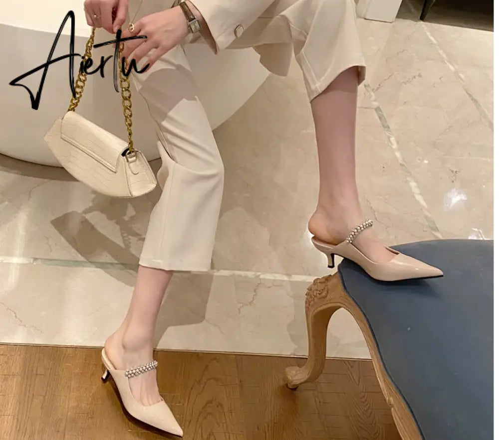 Aiertu Fashion Women Slippers Pointed Toe Leather Leather Thin High Heels Rhinestone Design Slip On Party Summer Pumps Mules Shoes Aiertu