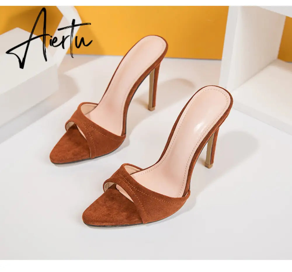 Aiertu Fashion Women Slippers Sexy Pointed toe Strappy Mule High Heels Sandals Slides Party Shoes Woman Pumps Size 35-42 Aiertu