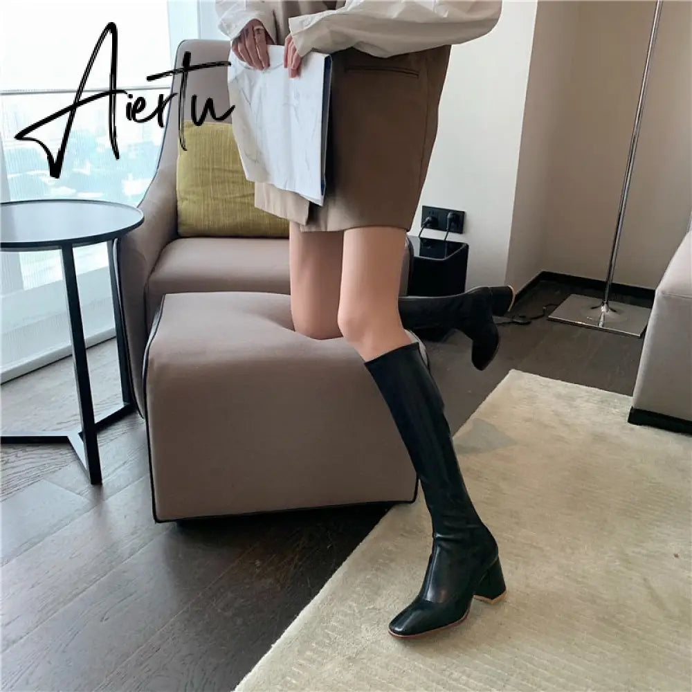 Aiertu Fashion Women Sock Boots Elastic Stretch Boots Woman Square Toe Knee High Boots Side Zipper Square High Heels Black/Beige/Khaki Aiertu