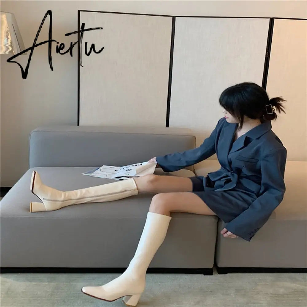 Aiertu Fashion Women Sock Boots Elastic Stretch Boots Woman Square Toe Knee High Boots Side Zipper Square High Heels Black/Beige/Khaki Aiertu