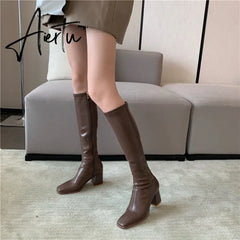 Aiertu Fashion Women Sock Boots Elastic Stretch Boots Woman Square Toe Knee High Boots Side Zipper Square High Heels Black/Beige/Khaki Aiertu