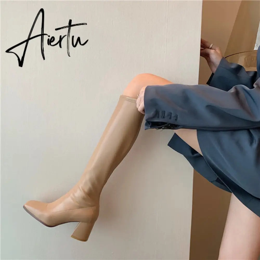 Aiertu Fashion Women Sock Boots Elastic Stretch Boots Woman Square Toe Knee High Boots Side Zipper Square High Heels Black/Beige/Khaki Aiertu