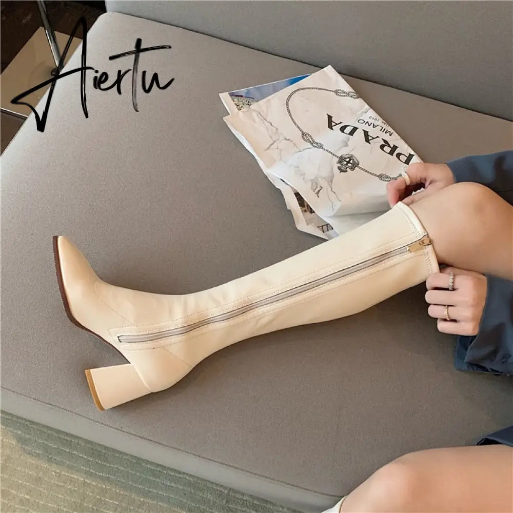 Aiertu Fashion Women Sock Boots Elastic Stretch Boots Woman Square Toe Knee High Boots Side Zipper Square High Heels Black/Beige/Khaki Aiertu