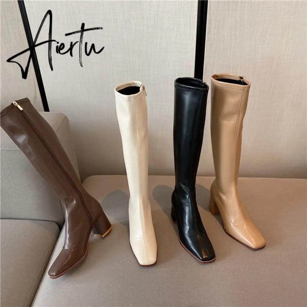 Aiertu Fashion Women Sock Boots Elastic Stretch Boots Woman Square Toe Knee High Boots Side Zipper Square High Heels Black/Beige/Khaki Aiertu