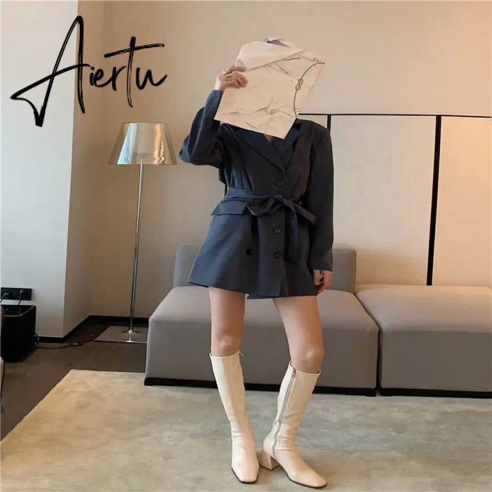 Aiertu Fashion Women Sock Boots Elastic Stretch Boots Woman Square Toe Knee High Boots Side Zipper Square High Heels Black/Beige/Khaki Aiertu