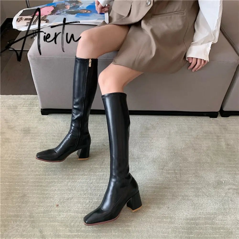 Aiertu Fashion Women Sock Boots Elastic Stretch Boots Woman Square Toe Knee High Boots Side Zipper Square High Heels Black/Beige/Khaki Aiertu