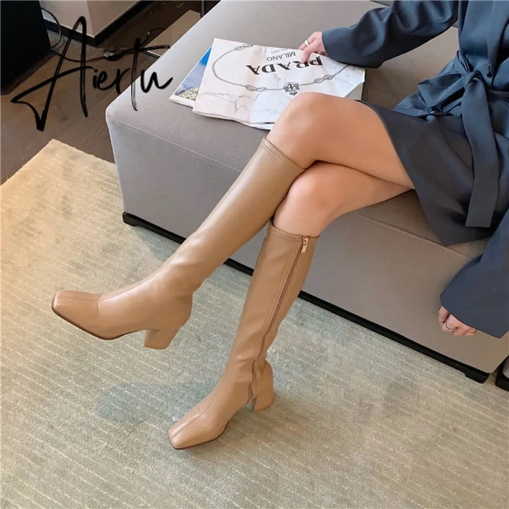 Aiertu Fashion Women Sock Boots Elastic Stretch Boots Woman Square Toe Knee High Boots Side Zipper Square High Heels Black/Beige/Khaki Aiertu