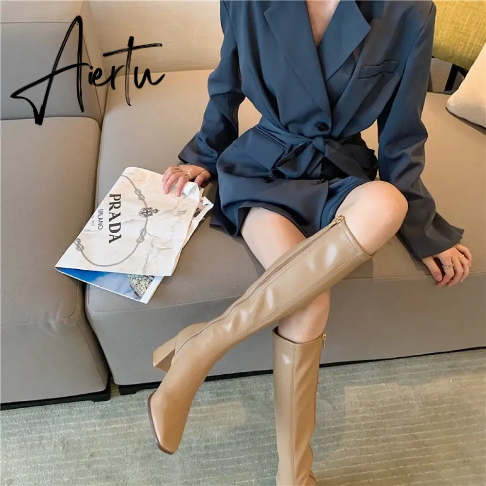 Aiertu Fashion Women Sock Boots Elastic Stretch Boots Woman Square Toe Knee High Boots Side Zipper Square High Heels Black/Beige/Khaki Aiertu