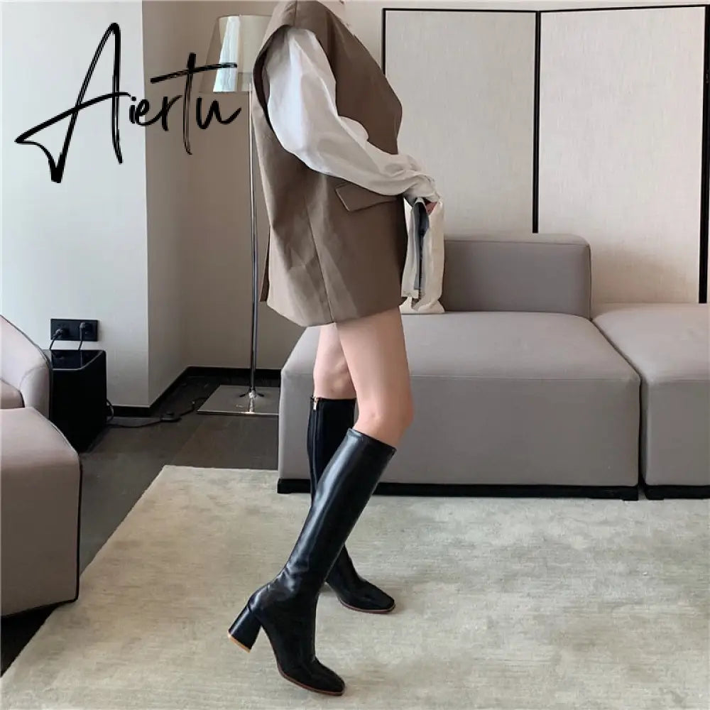 Aiertu Fashion Women Sock Boots Elastic Stretch Boots Woman Square Toe Knee High Boots Side Zipper Square High Heels Black/Beige/Khaki Aiertu