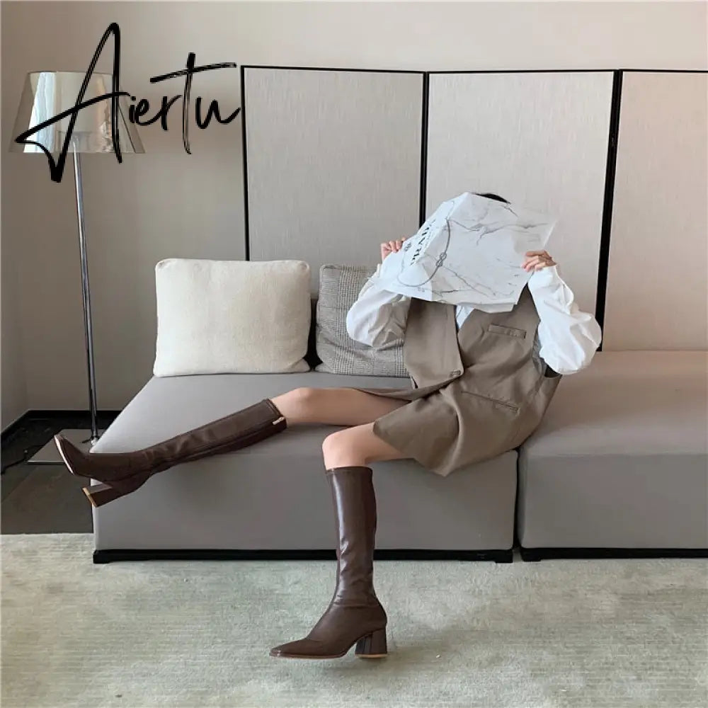 Aiertu Fashion Women Sock Boots Elastic Stretch Boots Woman Square Toe Knee High Boots Side Zipper Square High Heels Black/Beige/Khaki Aiertu