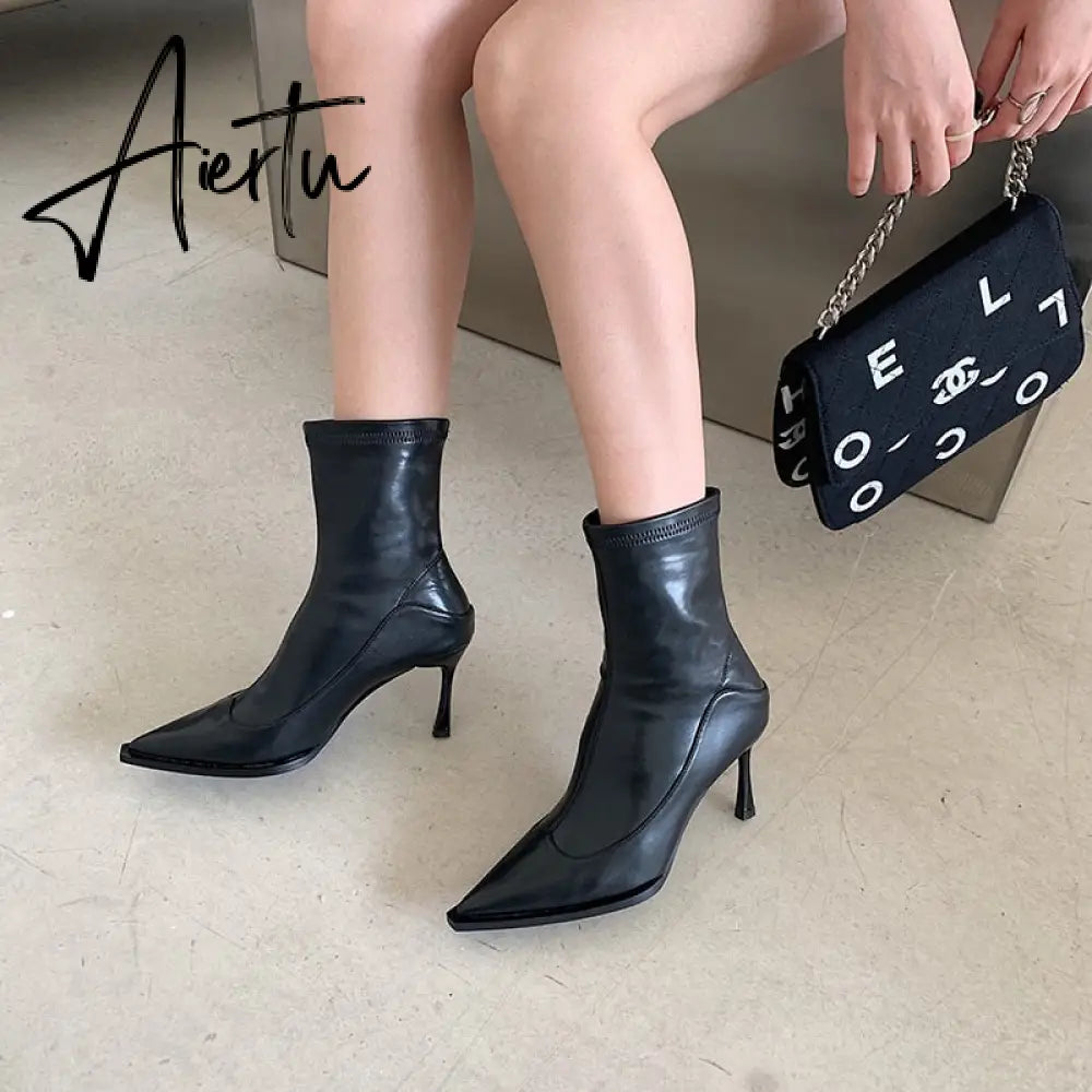 Aiertu Fashion Women Sock Boots Pointed Toe Slip On Stretch Booties Black/Purple/White/Brown Thin High Heels Elegant Autumn Winter Boot Aiertu