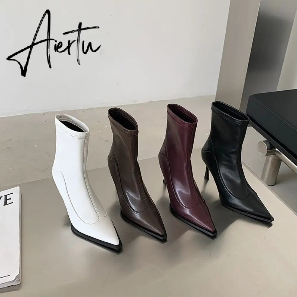 Aiertu Fashion Women Sock Boots Pointed Toe Slip On Stretch Booties Black/Purple/White/Brown Thin High Heels Elegant Autumn Winter Boot Aiertu