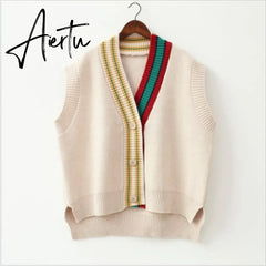 Aiertu  Female Fashion Loose Vest V-neck Button Sweater Open Stitch Casual Striped Cardigan Aiertu