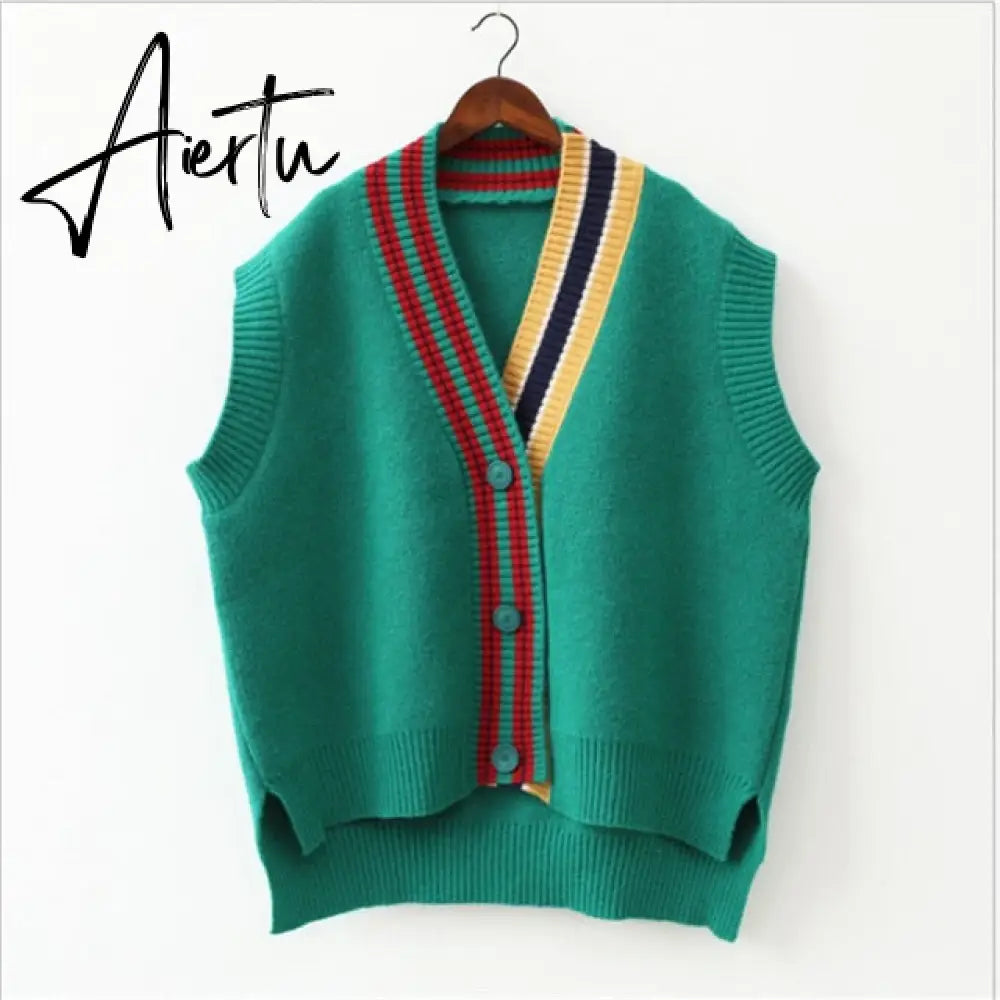 Aiertu  Female Fashion Loose Vest V-neck Button Sweater Open Stitch Casual Striped Cardigan Aiertu