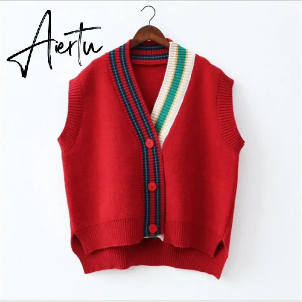 Aiertu  Female Fashion Loose Vest V-neck Button Sweater Open Stitch Casual Striped Cardigan Aiertu