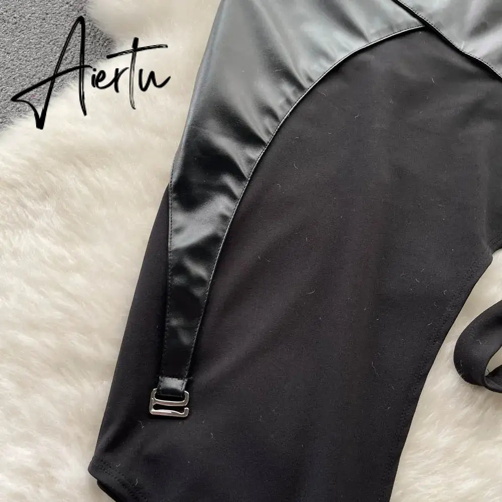 Aiertu Female PU Leather Sexy Skirt Patchwork Elastic Waist Slin Sheath Mini Skirt Streetwear Korean Club Sensual Skirts Aiertu