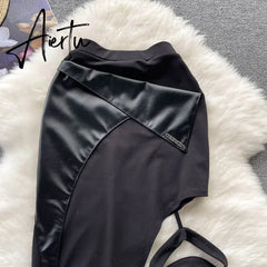 Aiertu Female PU Leather Sexy Skirt Patchwork Elastic Waist Slin Sheath Mini Skirt Streetwear Korean Club Sensual Skirts Aiertu