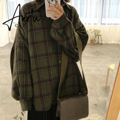 Aiertu Flannel Oversized Shirt Long Sleeve Collared Boyfriend Plaid Blouse Fall Winter Women's Blouses & Shirts * Aiertu