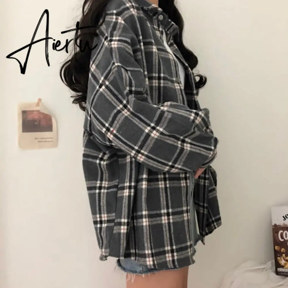 Aiertu Flannel Oversized Shirt Long Sleeve Collared Boyfriend Plaid Blouse Fall Winter Women's Blouses & Shirts * Aiertu