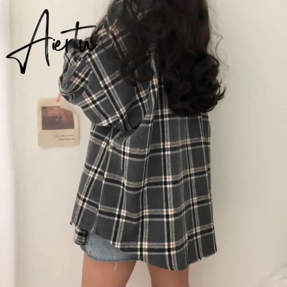 Aiertu Flannel Oversized Shirt Long Sleeve Collared Boyfriend Plaid Blouse Fall Winter Women's Blouses & Shirts * Aiertu