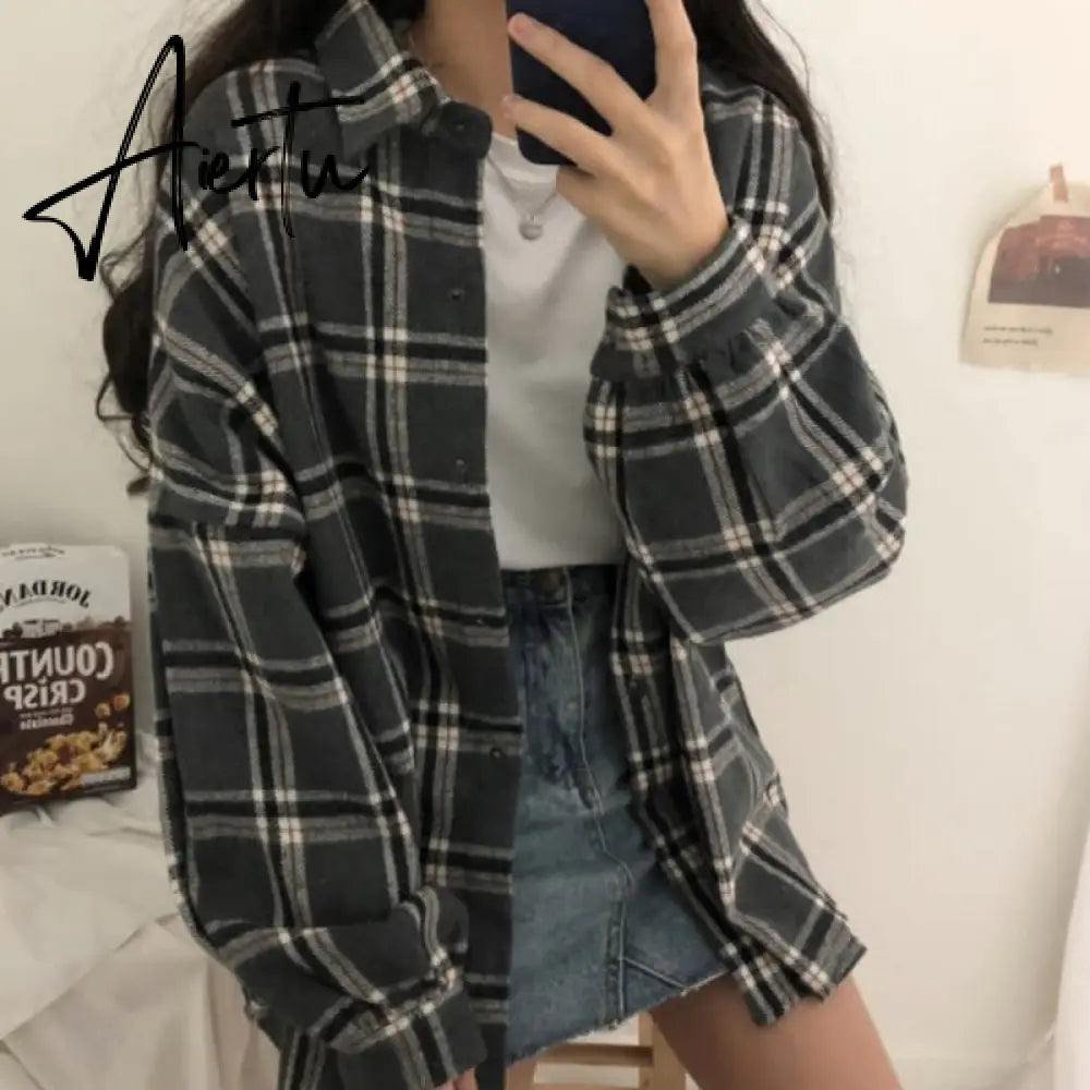 Aiertu Flannel Oversized Shirt Long Sleeve Collared Boyfriend Plaid Blouse Fall Winter Women's Blouses & Shirts * Aiertu