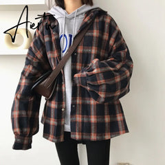 Aiertu Flannel Oversized Shirt Long Sleeve Collared Boyfriend Plaid Blouse Fall Winter Women's Blouses & Shirts * Aiertu