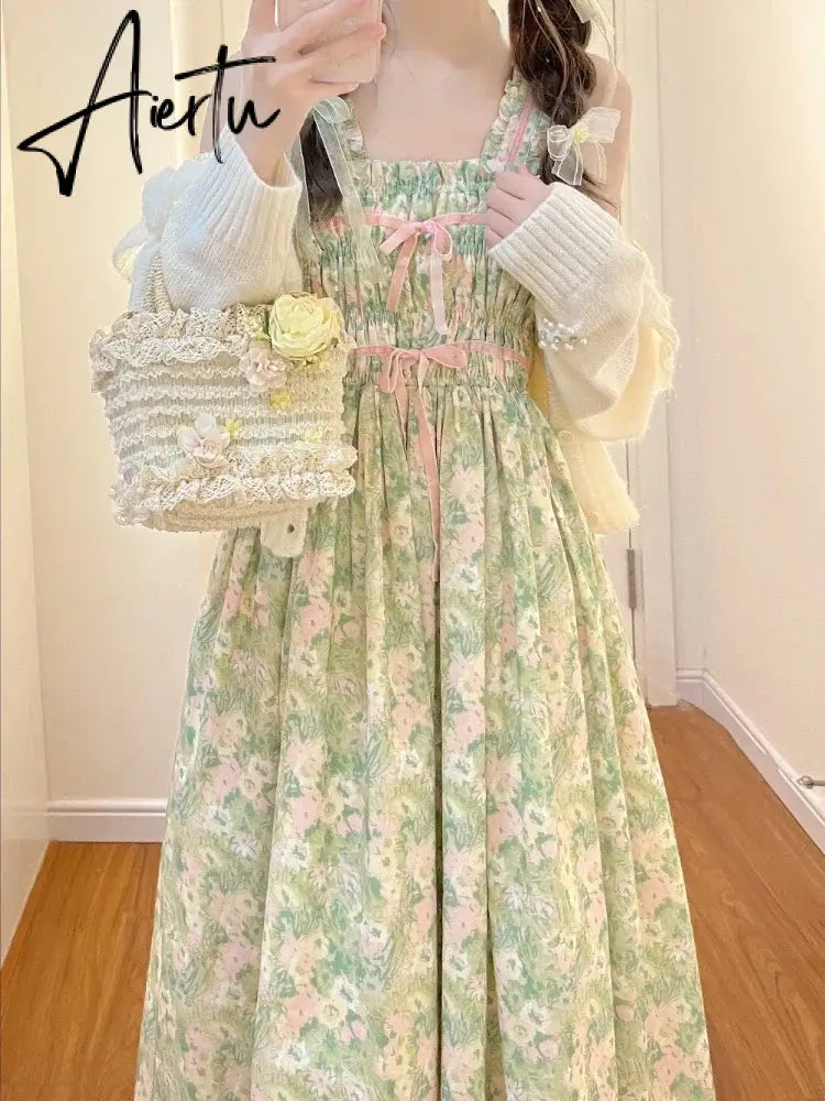 Aiertu Floral Japanese Kawaii Two Piece Set Women France Elegant Bow Fairy Dresses Suit Female Sweet Strap Dress＋White Casual Coat Aiertu