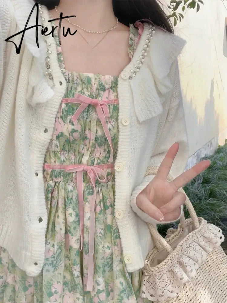 Aiertu Floral Japanese Kawaii Two Piece Set Women France Elegant Bow Fairy Dresses Suit Female Sweet Strap Dress＋White Casual Coat Aiertu