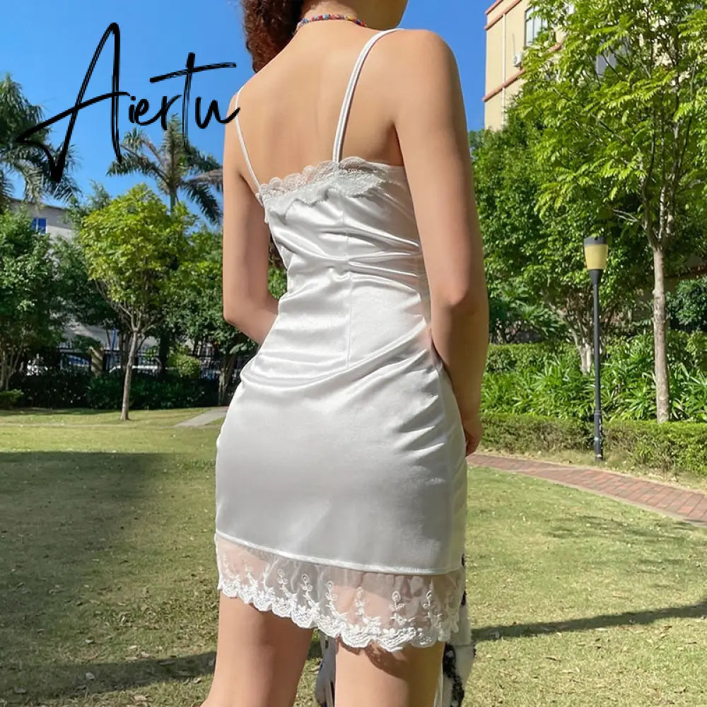 Aiertu Floral Printed Sleeveless Spaghetti Strap Dress Summer White A Line Short Dresses Ladies Ruched Tie Up Casual Dress Aiertu