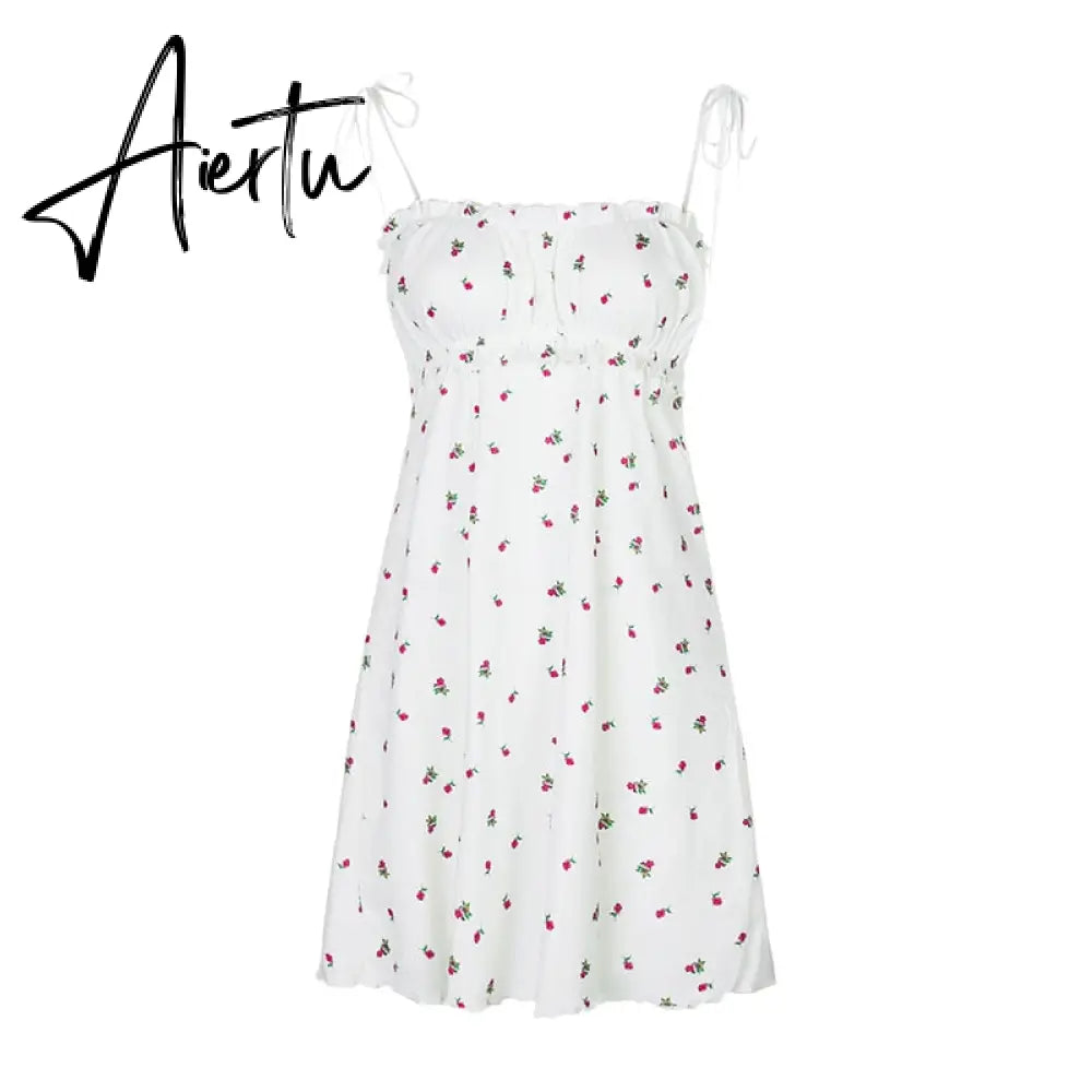 Aiertu Floral Printed Sleeveless Spaghetti Strap Dress Summer White A Line Short Dresses Ladies Ruched Tie Up Casual Dress Aiertu