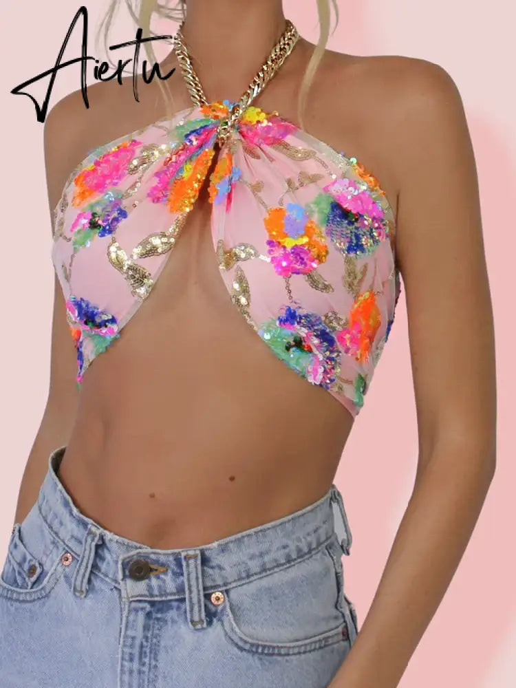 Aiertu Floral Sequin Embroidered Y2K Pink Summer Crop Top with Necklace Tie Up Full Lining Evening Night Party Camis Chain Aiertu