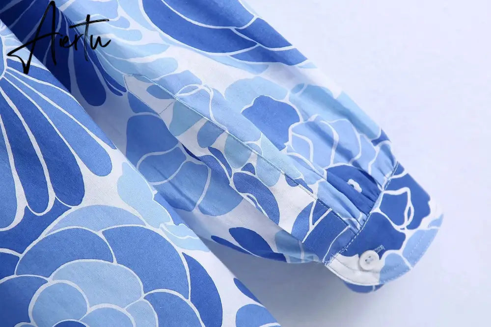 Aiertu Flower Print Blue Short Sets Women Matching Set Blue Summer Spring Two Pieces Sets Suits Oversized Top Shorts Aiertu