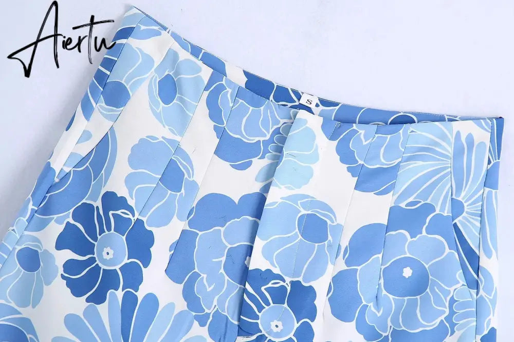 Aiertu Flower Print Blue Short Sets Women Matching Set Blue Summer Spring Two Pieces Sets Suits Oversized Top Shorts Aiertu
