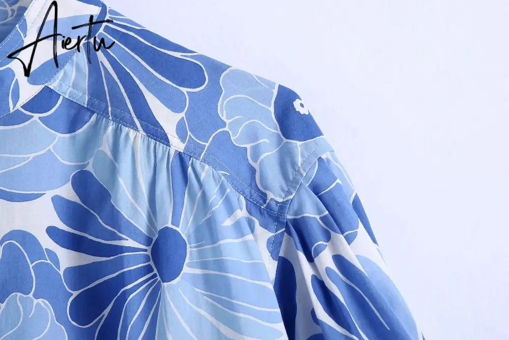 Aiertu Flower Print Blue Short Sets Women Matching Set Blue Summer Spring Two Pieces Sets Suits Oversized Top Shorts Aiertu