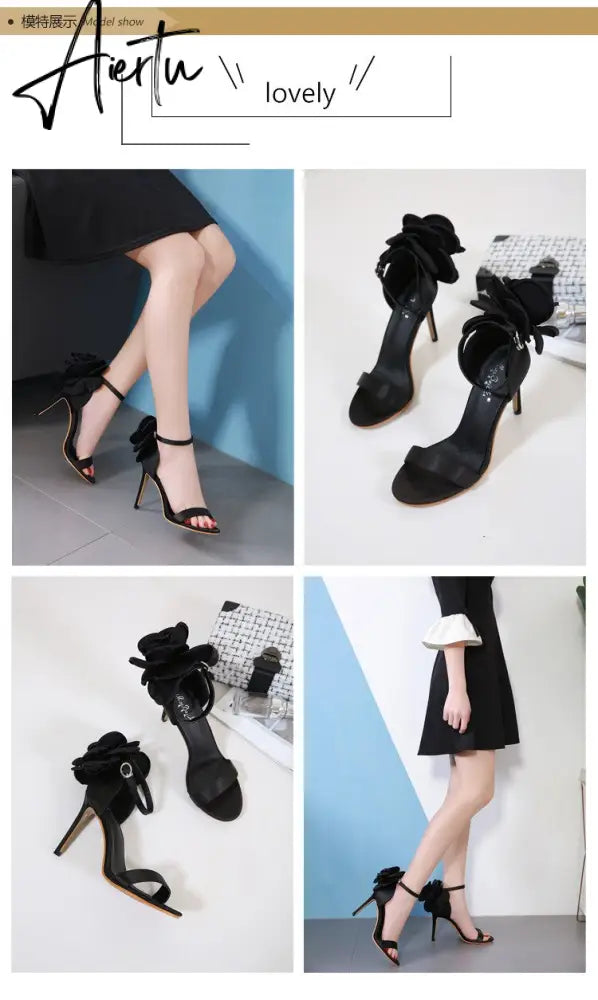Aiertu Flower Shoes Woman European And American-Style Big Flower Sandals Shoes Evening Nightclub Shoes Black Powder High Heels Sandals Aiertu